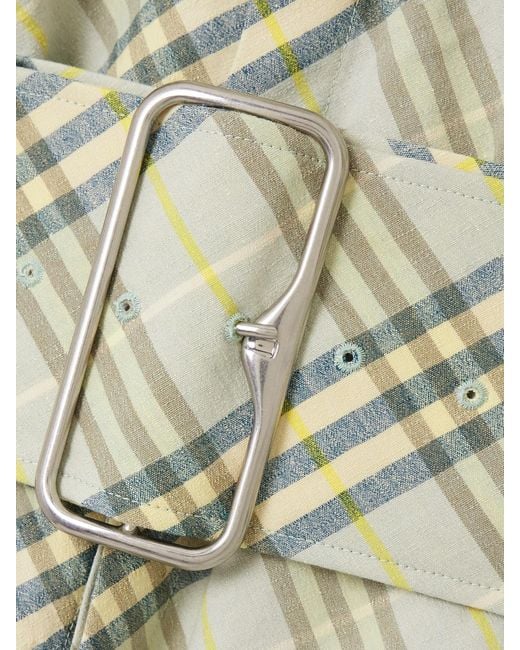 Burberry White Belted Checked Linen-Bend Mini Shirt Dress