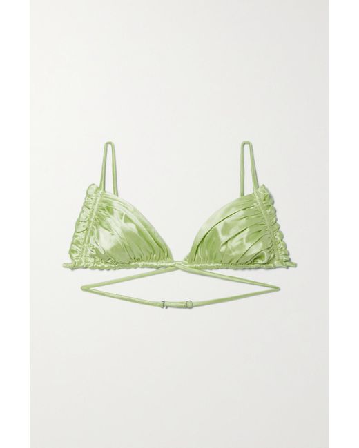 Isa Boulder Petal Ruched Stretchsatin Bikini Top in Green Lyst Canada