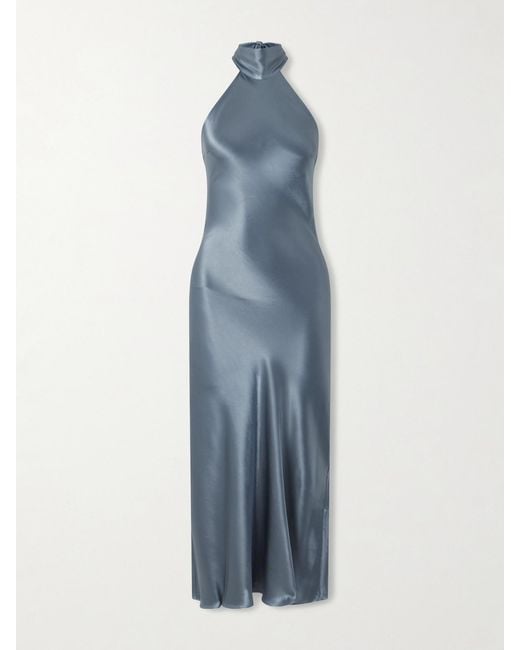 RIXO London Maura Satin Halterneck Midi Dress in Blue | Lyst