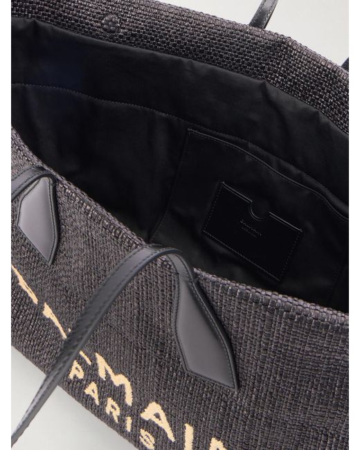 Balmain Black Track Leather-Trimmed Raffia Tote