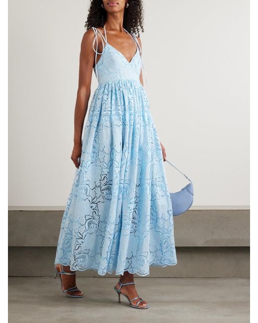 Erdem Blue Gathered Broderie Anglaise Poplin Midi Dress