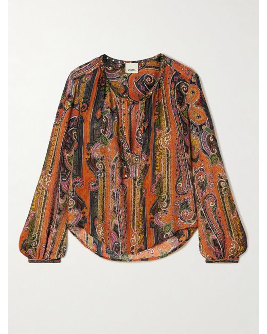 Isabel Marant Brown May Embellished Paisley-Print Silk-Georgette Blouse