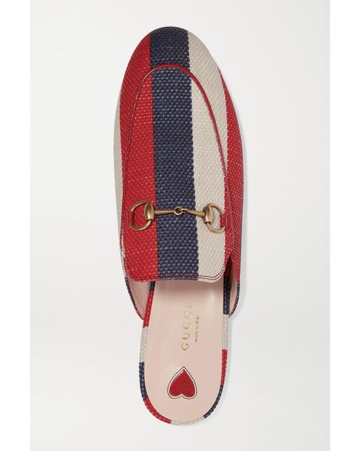 Gucci Red Princetown Horsebit-Detailed Striped Canvas Slippers