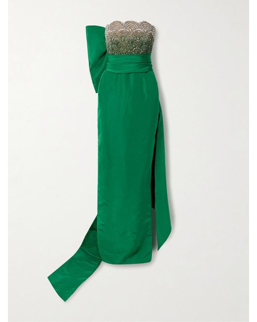 Oscar de la Renta Green Strapless Silk-Faille And Embellished Tulle Gown