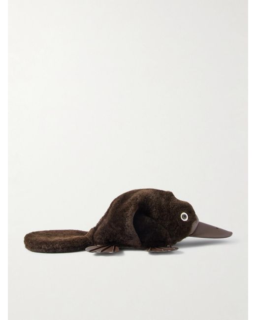 Loewe Brown Platypus Leather-Trimmed Shearling Clutch
