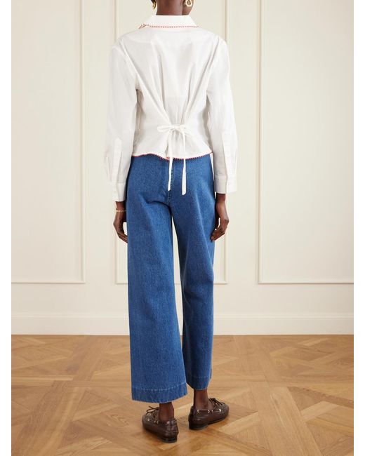 Bode White Redbud Cropped Embroidered Cotton-Poplin Shirt