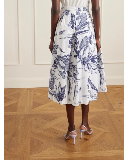 Erdem Blue Pleated Floral-Print Cotton-Poplin Midi Skirt