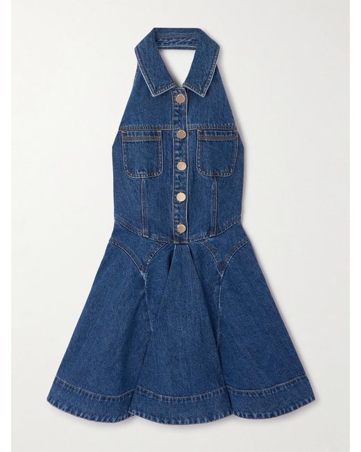 self portrait denim collared mini dress Self-Portrait Paneled Halterneck in Blue Indigo denim Style:Blouse(Pre-Sale) velvet gown women Mac Duggal Collection - trend look