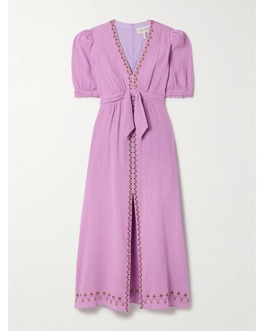 Saloni Purple Jamie Tie-Detailed Embroidered Cotton-Seersucker Midi Dress
