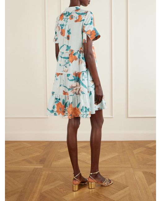 Erdem Blue Tiered Floral-Print Cotton Mini Dress