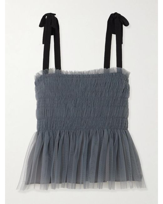 Molly Goddard Blue Lydia Shirred Grosgrain-Trimmed Tulle Top