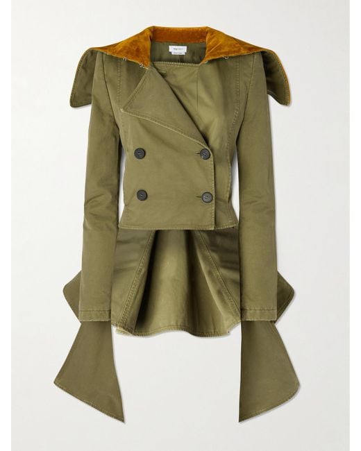 Alexander McQueen Green Asymmetric Double-Breasted Cotton-Twill And Velvet Jacket