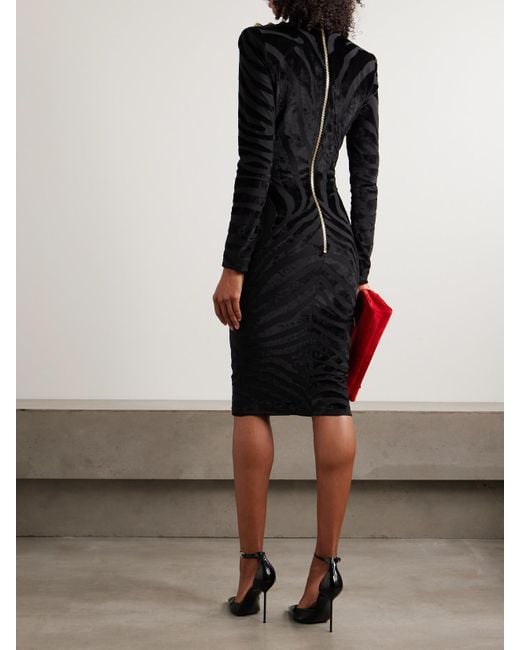 Balmain Black Button-Embellished Devoré-Velvet Midi Dress