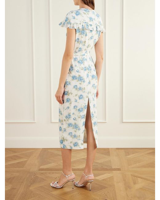 Alessandra Rich Blue Belted Floral-Print Ruffle-Trim Silk-Crepe Midi Dress