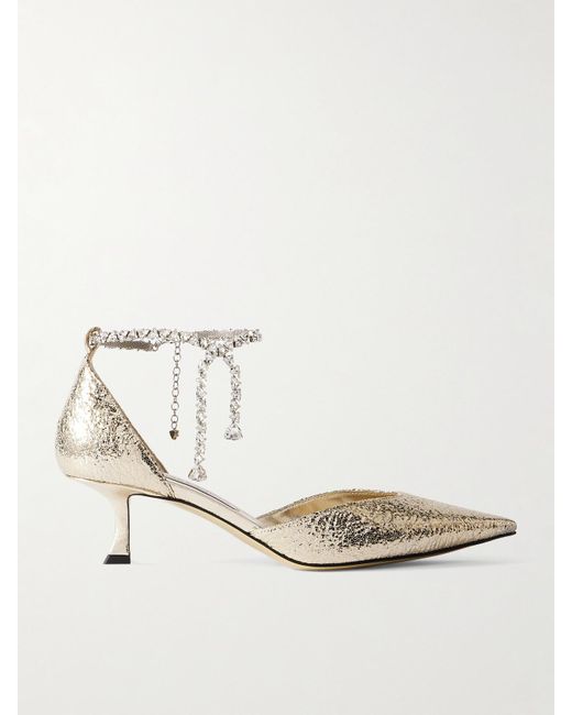 Jimmy Choo White Stevie 50 Pumps Aus Strukturiertem Metallic-Leder Mit Kristallen