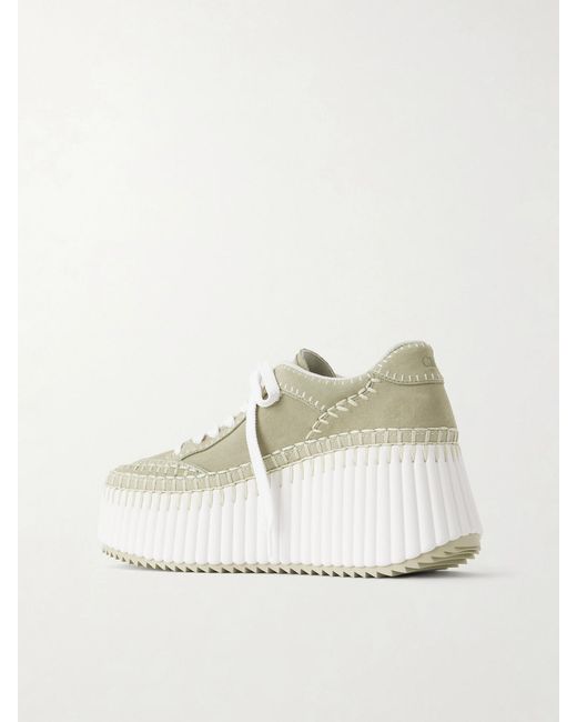 Chloé White Nama Patchwork Suede-Trimmed Leather Platform Sneakers