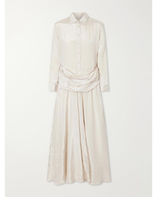Abadia Natural Draped Crinkled-Satin Midi Dress