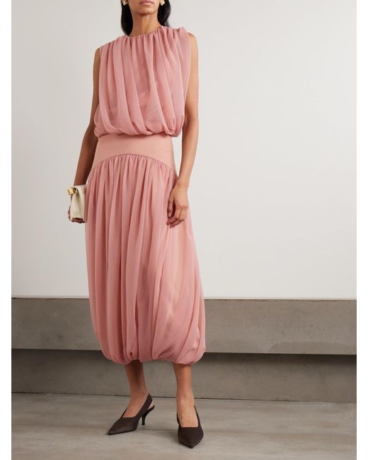 Abadia Pink Paneled Gathered Twill And Chiffon Maxi Skirt