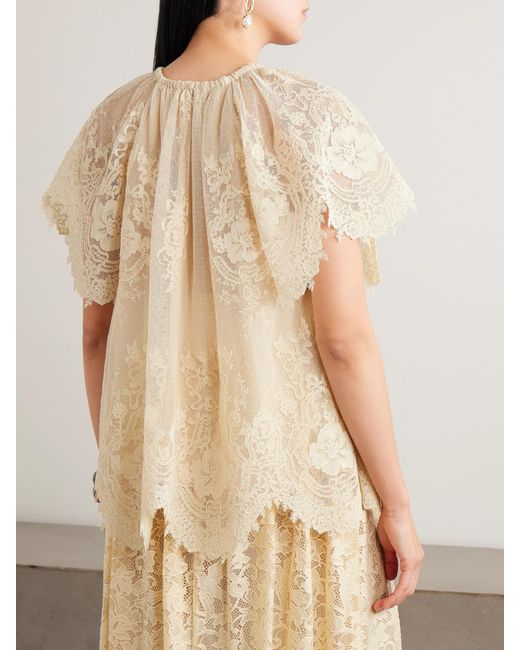 Zimmermann Natural Luna Scalloped Gathered Lace And Point D'Esprit Blouse