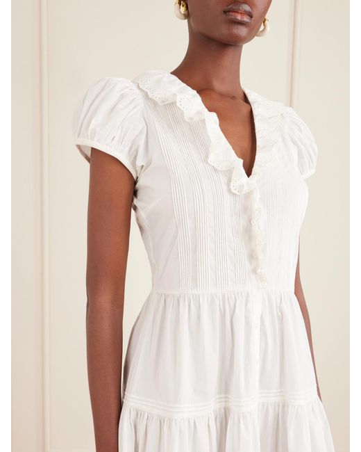 Doen White Eliette Ruffled Brodeire Anglaise-Trimmed Organic Cotton Midi Dress