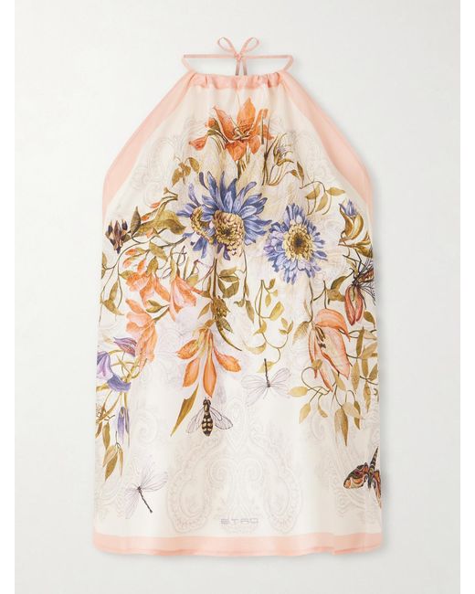 Etro White Floral-Print Silk-Voile Halterneck Top