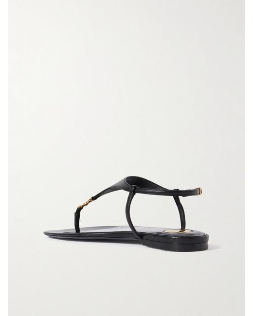 Saint Laurent Black Cassandre Logo-Embellished Leather Slingback Sandals