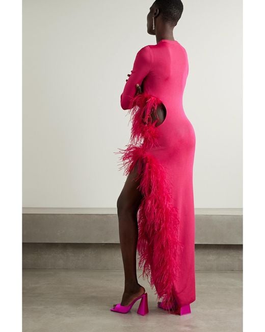 LAPOINTE Pink Cutout Feather-Trimmed Stretch-Knit Maxi Dress