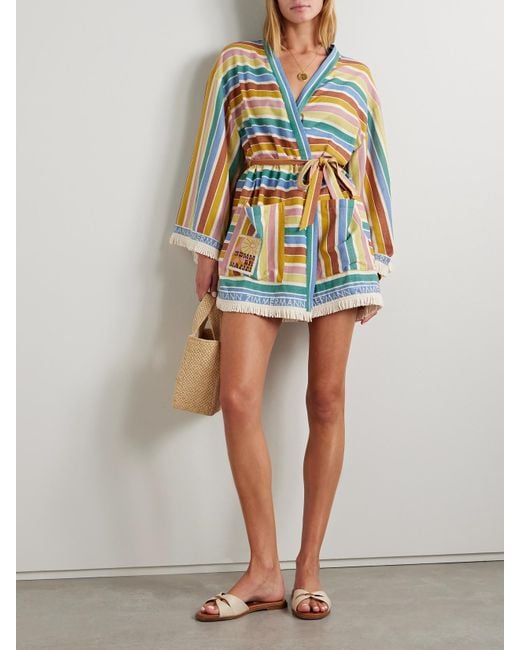 Zimmermann Multicolor Everley Sommermantel Aus Gestreiftem Baumwoll-Voile Mit Fransen Und Bindegürtel