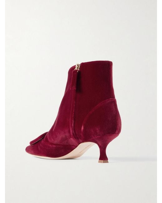 Manolo Blahnik Red Baylow 50 Buckled Velvet Ankle Boots