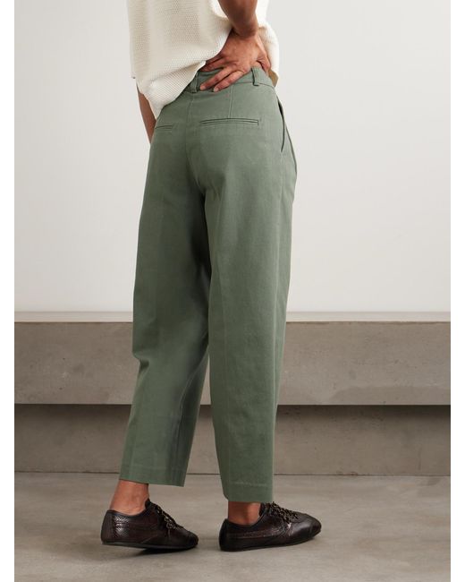 Anine Bing Green Belen Pleated Cotton-Twill Tapered Pants