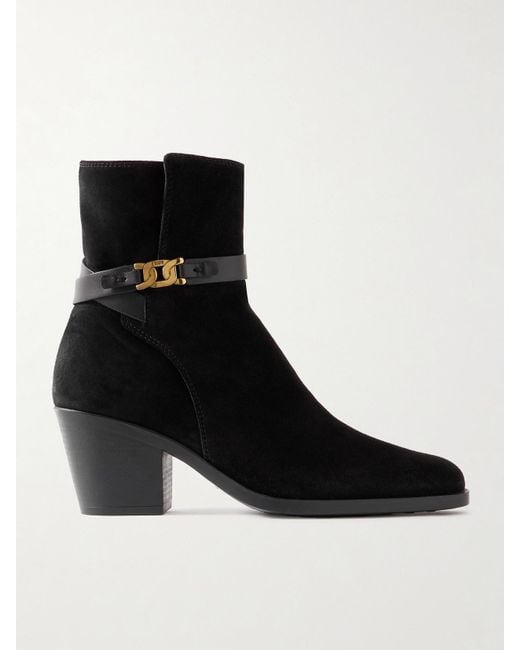 Tod's Black Embellished Leather-Trimmed Suede Ankle Boots