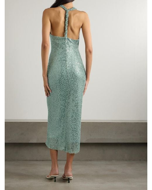 Rebecca Vallance Nixie Open-Back Embellished Metallic Mesh Midi Dress in  Green | Lyst