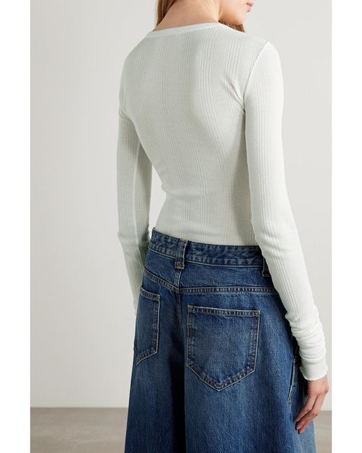 Khaite White Janelle Ribbed Cotton-Blend Bodysuit