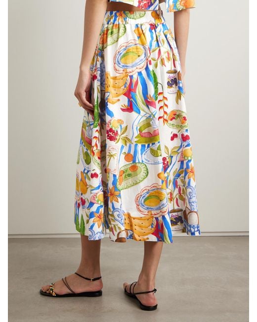 Farm Rio White Printed Linen-Blend Midi Skirt