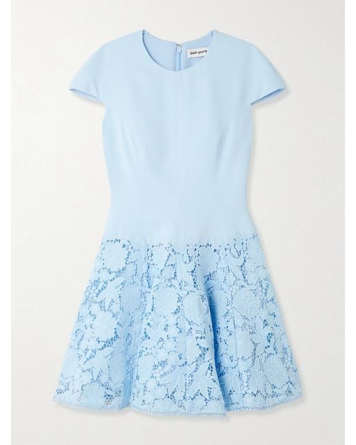 Self-Portrait Blue Crepe And Guipure Lace Mini Dress