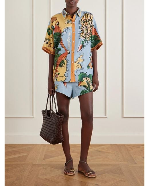 Farm Rio Blue Beaches Path Printed Linen-Blend Shorts