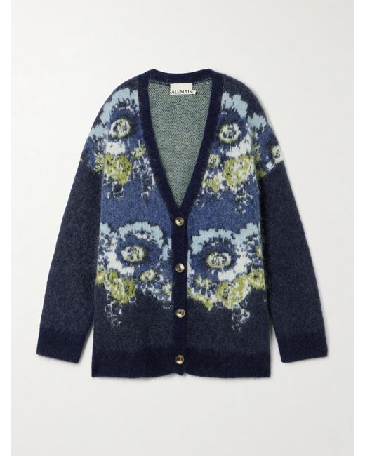 ALÉMAIS Blue Madalena Oversized-Cardigan Aus Jacquard-Strick