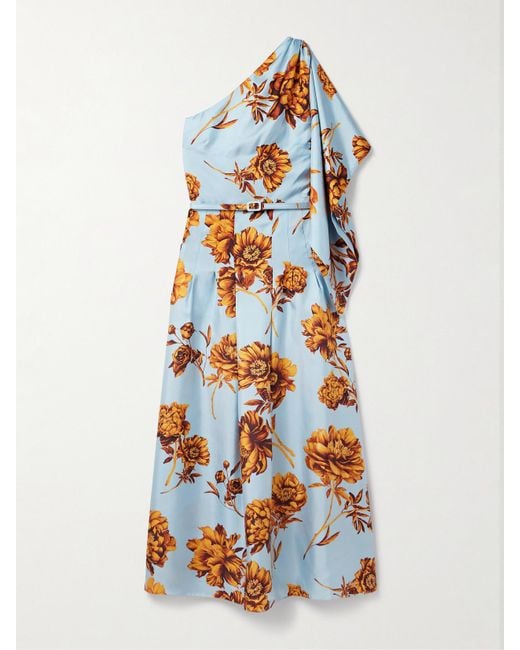 Oscar de la Renta White One-Shoulder Belted Draped Floral-Print Silk-Twill Midi Dress
