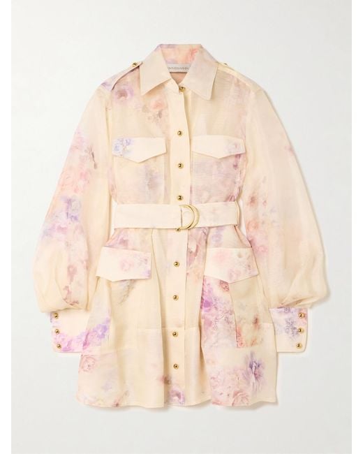 Mini-Robe En Lin Et Soie Mélangés À Imprimé Fleuri Et À Ceinture Hypnotic Zimmermann en coloris Natural
