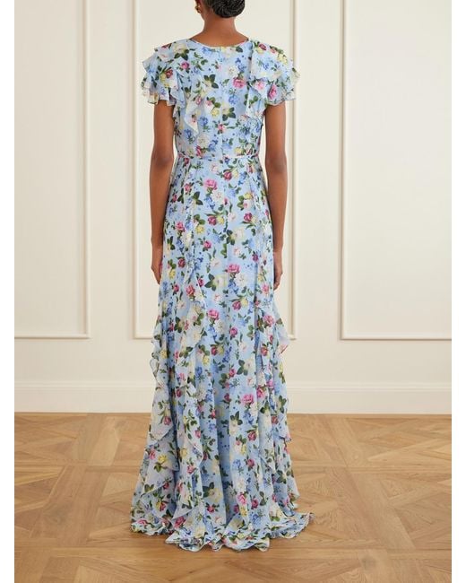 Carolina Herrera Blue Ruffled Floral-Printed Silk Chiffon Gown