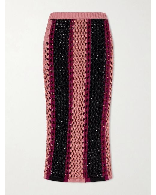 DIOTIMA Red Spice Crystal-Embellished Striped Crocheted Cotton-Blend Midi Skirt