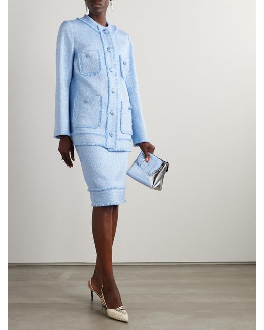 Dolce & Gabbana Blue Midirock Aus Tweed Aus Einer Wollmischung Mit Fransen
