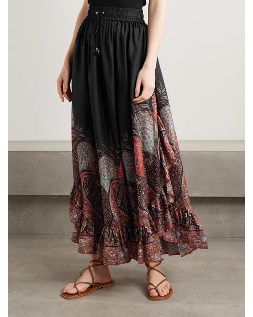 Zimmermann Black Rhiannon Ruffled Paisley-Print Organic Silk Maxi Skirt
