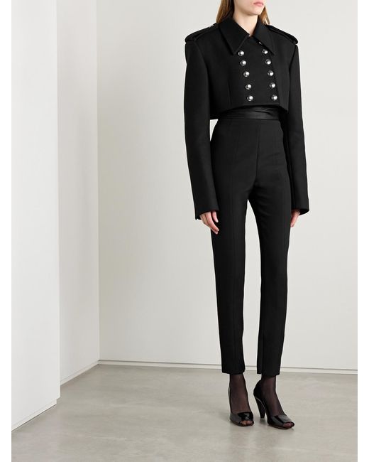 Khaite Black Lenro Pleated Satin-Trimmed Grain De Poudre Straight-Leg Pants