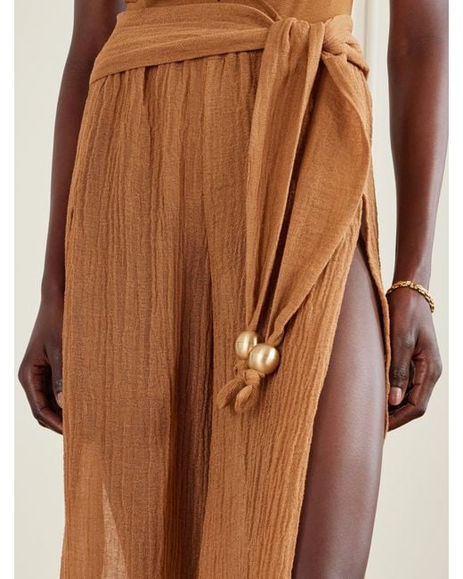 Lisa Marie Fernandez Brown Embellished Belted Crinkled Linen-Blend Gauze Pants