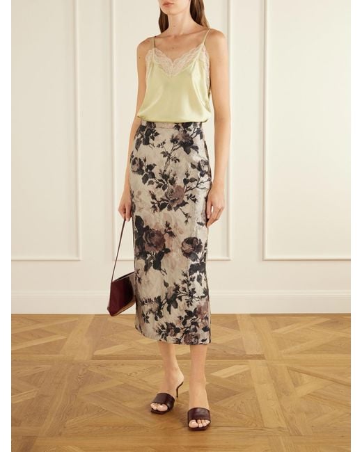 Erdem Gray Floral-Print Crinkle Satin Midi Skirt