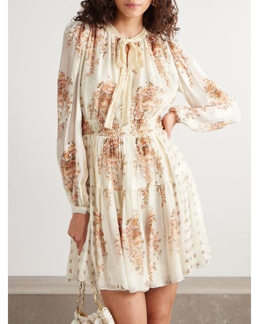 Mini-Robe En Crépon De Soie Mélangée Imprimé À Fronces, Smocks Et Liens Maris Ulla Johnson en coloris Natural
