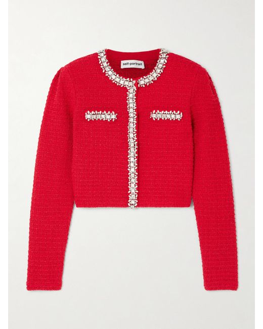 Self-Portrait Red Crystal-Embellished Metallic Waffle-Knit Cardigan