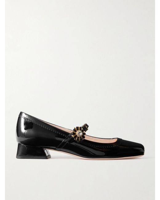 Roger Vivier Black Très Vivier Flower 25 Crystal-Embellished Patent-Leather Mary Jane Pumps