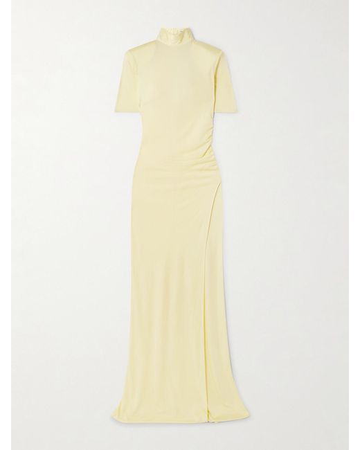 The New Arrivals Ilkyaz Ozel Yellow Pernille Ruched Satin-Jersey Maxi Dress